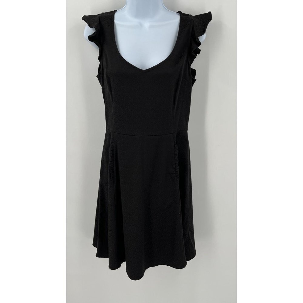 The letter Black Dress Tapestry Print Ruffle Cap Sleeve V neck Size S Pockets